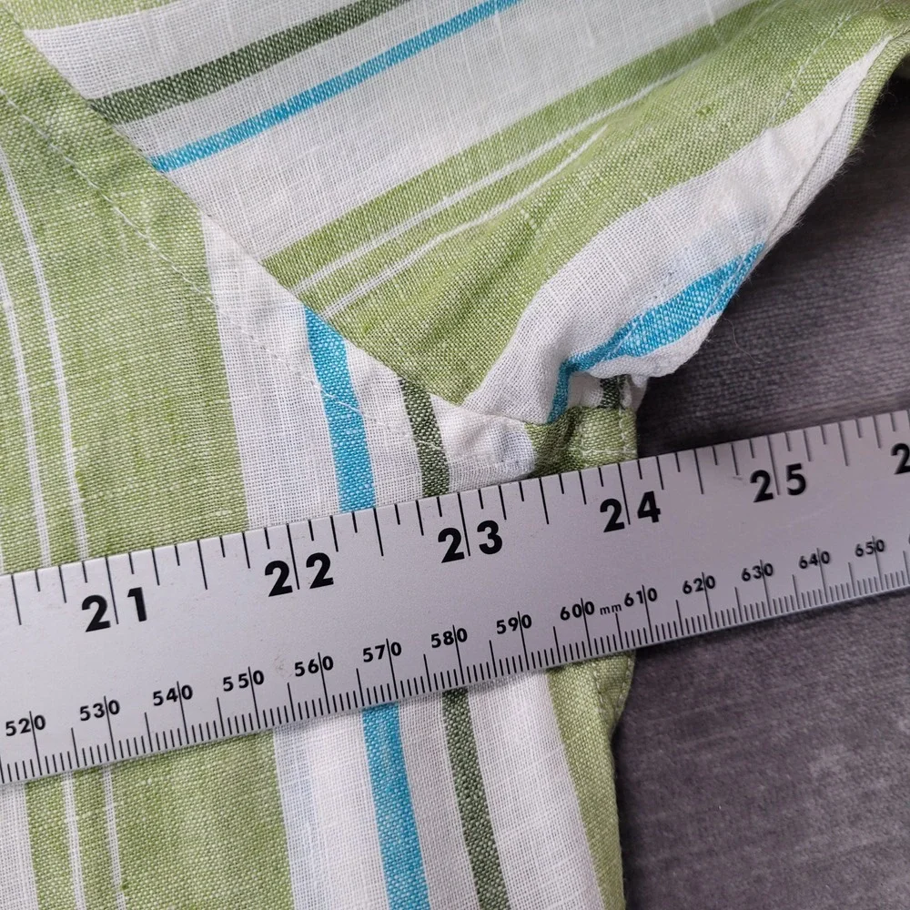 Banana Republic Mens Med Green White Blue Striped 100% Linen Short Sleeve Shirt